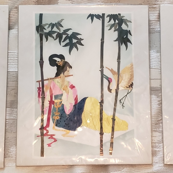 Set of 3 Hand cut and dyed wheat stalk on silk Japanese art piece🎋 Vintage Asia - Picture 7 of 10